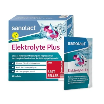 Abbildung von sanotact Elektrolyte Plus (20 Beutel) Elektrolyt Pulver für Flüssigkeitshaushalt Kalium &amp; Magnesium Elektrolytgleichgewicht 100% Vegan Recovery Drink Mit Orangengeschmack