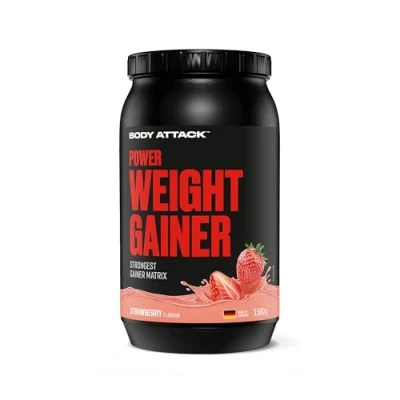 Abbildung von Body Attack Weight Gainer Strawberry 1,5 kg Dein Mass für Masseaufbau &amp; Muskelaufbau Mit Whey Protein, BCAA und Kohlenhydraten fettarmer Masse Shake hochwertige Kalorien