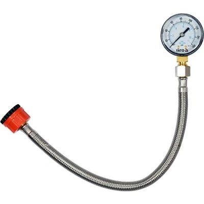 Abbildung von YATO Profi Wasserdruckmesser mit Manometer und Edelstahlschlauch, 3/4 1/2 Zoll Außengewinde, 30 cm geflochtener Edelstahl Schlauch, max. 11 bar, Wasser Druck Prüfer Druckprüfung