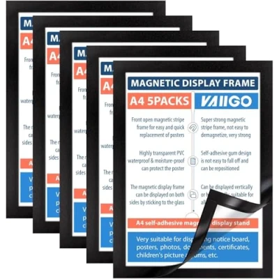 Abbildung von VAIIGO Magnetrahmen Info Rahmen Selbstklebend mit Magnetverschluss für Informationsrahmen DIN A4 Format 5 Stück Schwarz