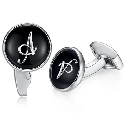 Abbildung von HONEY BEAR Briefe Initialen Buchstabe manschettenknöpfe Herren Edelstahl Hochzeit Cufflinks Manschettenknopf Schwarz (A)