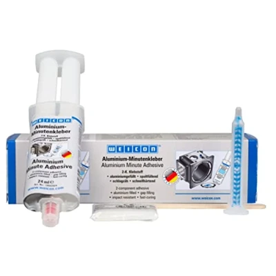Abbildung von WEICON Aluminium Minutenkleber Set 24 ml, schnellhärtender 2 Komponenten Epoxid Klebstoff, hochfester Aluminiumkleber, mit Mischdüse &amp; Holzspatel