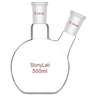 Abbildung von stonylab Flachbodenkolben FBF, Schwerwandiger 2 Hals Laborkolben Borosilikatglas Flachboden Siedekolben mit 24/40 Standard Gelenk, 500 ml