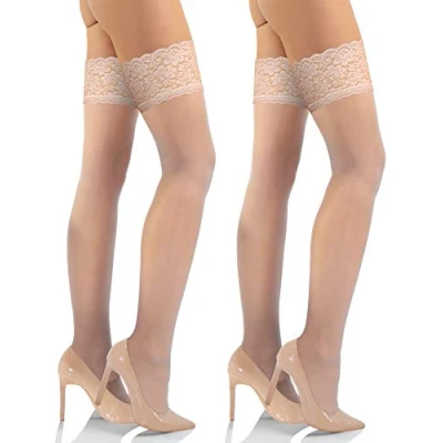 Abbildung von sesto senso Halterlose Strümpfe mit Spitze 2er Pack 15 DEN Feinstrümpfe Damen 3/4 M/L Poudre Beige Elfenbein Hautfarbe