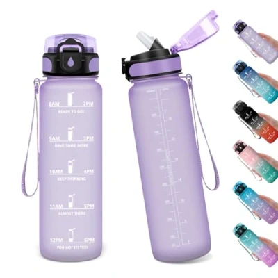 Abbildung von Wasserflasche 1L, Trinkflasche Auslaufsicher, Sport mit Zeitmarkierung, Strohhalm, Kohlensäure Geeignet, Sportflasche für Fitnessstudio, Oudoor, Schule, Sprudel