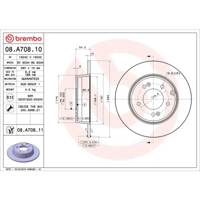 Abbildung von BREMBO COATED DISC LINE 08.A708.11 Bremsscheibe 284 10 5 voll beschichtet mit Schrauben HYUNDAI: ix35, KIA: Optima / K5, K5 Saloon