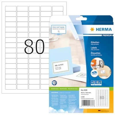 Abbildung von HERMA 4336 Universal Etiketten, 25 Blatt, 35,6 x 16,9 mm, 80 pro A4 Bogen, 2000 Stück, selbstklebend, bedruckbar, matt, blanko Papier Klebeetiketten Aufkleber, weiß