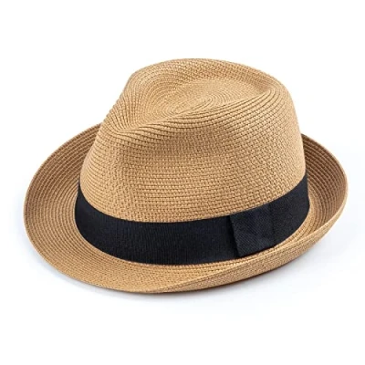 Abbildung von DRESHOW Damen Panama Hut Breiter Krempe Stroh Sommer Fedora Strohhut Aufrollen Strand Rollbar UV Sonnenhut UPF 50 +