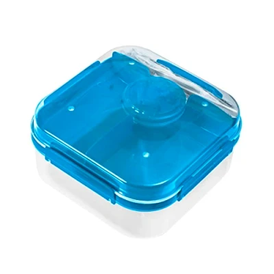 Abbildung von BranQ Home essential praktische Lunchbox 1,6l LIDO mit Besteck(Gabel und Messer) einem Schraubverschlussbehälter für Sauce oder Nüsse, BPA frei, perfekt Salate Snacks, blau transparent