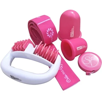 Abbildung von Stephanie Franck Beauty Cellulite Massagegeräte Set N3 mit 1 Massageroller My Body Shaper, 2 Silikon Schröpfgläser Cellu Shaper (5,5cm + 7cm) Yoga Band für eine straffe Haut (rosa)