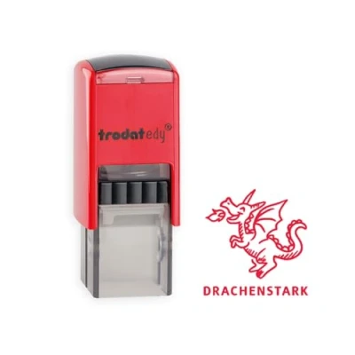 Abbildung von Trodat edy FIX Motivationsstempel für Lehrer und Pädagogen, Stempelset zum Motivieren 1 Motiv Drache DRACHENSTARK, Deutsch, Gehäuse Rot, Abdruck Selbstfärbend, 20 x mm