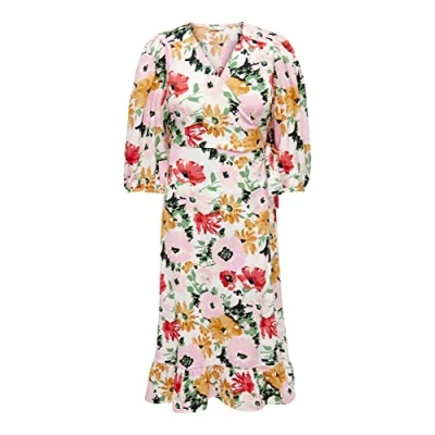 Abbildung von ONLY Damen ONLOLIVIA 3/4 WRAP Dress WVN NOOS Midi Kleid, Cloud Dancer/AOP:Kamil Flower, XL