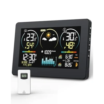 Abbildung von VOKSUN Wetterstation Funk mit Außensensor &amp; Farbdisplay Wettervorhersage, Innen/Außen Thermometer Hygrometer, Luftdruckmessung Schlummerwecker, Dual Strom (Batterie/Netzbetrieb)