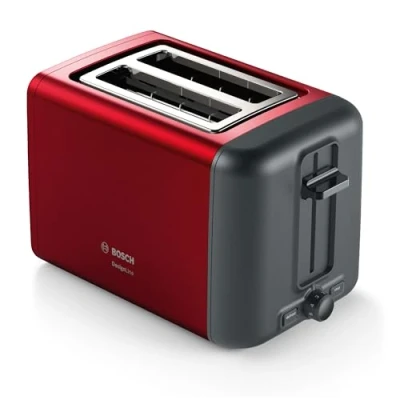 Abbildung von Bosch Kompakt Toaster DesignLine TAT3P424DE, integrierter Edelstahl Brötchenaufsatz, mit Abschaltautomatik, Auftaufunktion, perfekt für 2 Scheiben Toast, Liftfunktion, breit, 970 W, rot