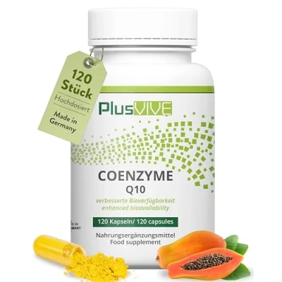 Abbildung von PlusVive Coenzym Q10 Kapseln hochdosiert I 1x 120 200mg pro Kapsel CoQ10 mit Papain &amp; Spirulina Nahrungsergänzungsmittel vegan laborgeprüft