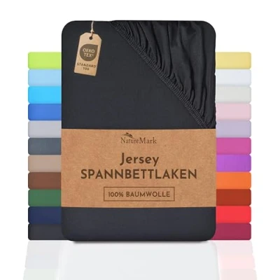 Abbildung von NatureMark Jersey Spannbettlaken, Spannbetttuch 100% Baumwolle in vielen Größen und Farben MARKENQUALITÄT ÖKOTEX Standard 100 180 x 200 cm schwarz