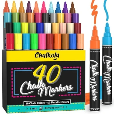 Abbildung von Chalkola 40 Kreidestifte für Tafel Abwaschbar Kreidemarker &amp; Metallic Stifte 6mm Umkehrbare Spitze Kreide Stift Fenster, als Glasstift. Chalk markers Erwachsene Kinder