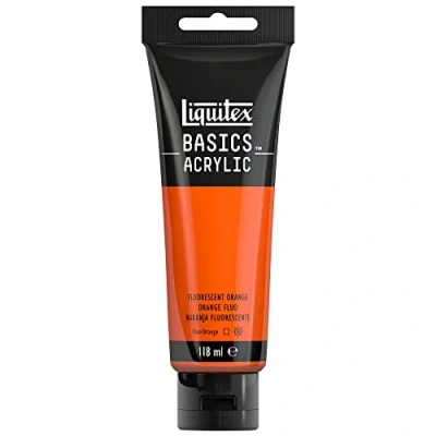 Abbildung von Liquitex 8870070 Basics Acrylfarbe, monopigmentierte Künstlerpigmente, lichtecht, mittlere Viskosität, Archivqualität, seidenglänzender Finish, 118ml Tube Orange Fluo, Acrylfarbe