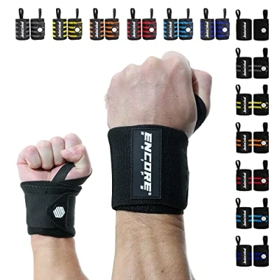 Abbildung von Encore Grips® Handgelenk Bandagen für Bodybuilding, Kraftsport, Crossfit, krafttraining Bandage, Handgelenkbandage Fitness, Handgelenkstütze, Handgelenkschoner, Wrist Wraps (Schwarz)