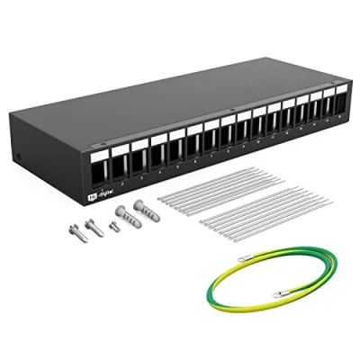 Abbildung von hb digital 16 Port Patchpanel Gehäuse für Keystone Module mit z.B. RJ45 Buchse RJ11 Socket Antennenstecker F Verbinder USB C A BF/AF HDMI Polklemme Gewindebuchse BNZ Schwarz