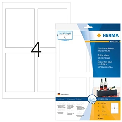 Abbildung von HERMA 8882 Flaschenetiketten, 10 Blatt, 90 x 120 mm, 4 pro A4 Bogen, 40 Stück, selbstklebend, bedruckbar, glänzend, blanko Flaschenaufkleber Etiketten aus hochwertigem Papier, weiß