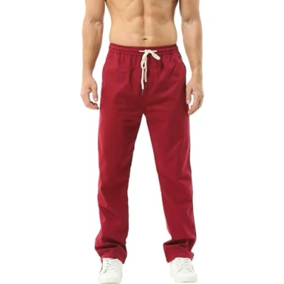 Abbildung von HOEREV Men Casual Strandhosen Leinen Hose Gr. XS (Taille 27 29 zoll), Dunkelrot