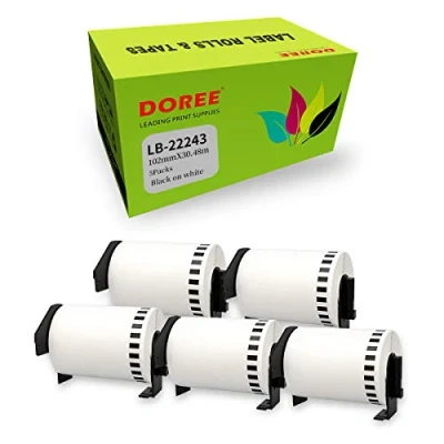 Abbildung von DOREE 5 x weiße DK 22243 Adressetikettenrollen für Brother 22243, 102 mm 30,48 m, P Touch, QL 1050, 1050N, 1060N, 1100, 110NWB Etikettendrucker