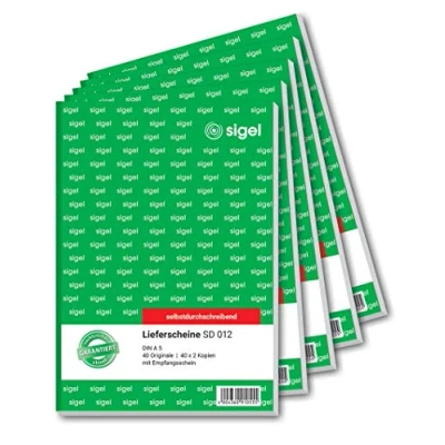 Abbildung von SIGEL SD012/5 Lieferscheine A5, 3x40 Blatt, selbstdurchschreibend, 5er Pack, mikroperforiert, mit Abheftlochung, aus nachhaltigem Papier