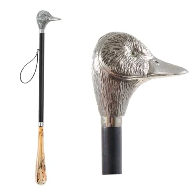 Abbildung von Design Schuhanzieher Schuhlöffel 70 cm mit silbernem Entenkopf als Griff, schwarzer Holzschaft