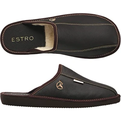 Abbildung von ESTRO Hausschuhe Herren Leder Herrenhausschuhe Hausschuh Männer Pantoffel Pantoffeln Pantoletten Slipper Mann Frost (44 EU, Kakao/Wolle)