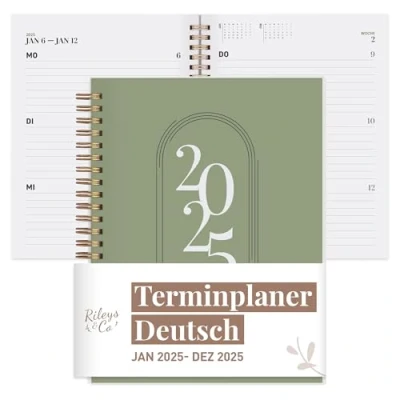 Abbildung von Rileys &amp; Co 2025 Planer Monatlicher und Wöchentlicher Agenda Planer, Flexibler Einband, Doppelspiralbindung, Notizseiten, 20,3 x 15,2 cm (8 6 Zoll), Grün auf Deutsch