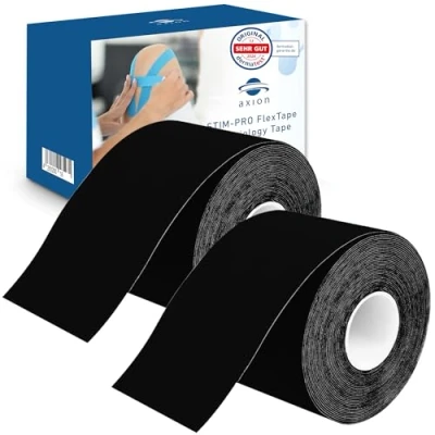 Abbildung von axion Kinesiologie Tape 2er Set 500x5cm 2 Rollen wasserfeste, hautfreundliche, elastische und selbstklebende Bandage Physio optimal für Sport &amp; Alltag (Schwarz)