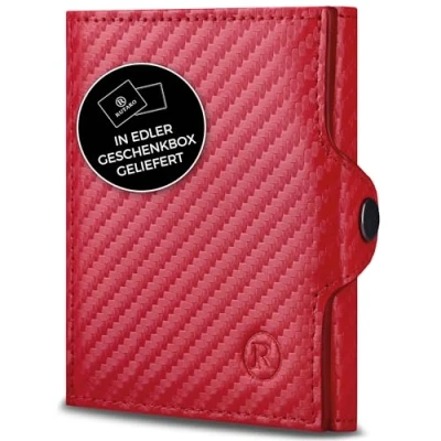 Abbildung von RUTAKO Slim Wallet mit RFID Schutz Kartenetui Herren &amp; Damen Kreditkartenetui klein Mini Geldbörse Portmonee Portemonnaie Geldbeutel Carbon Rot