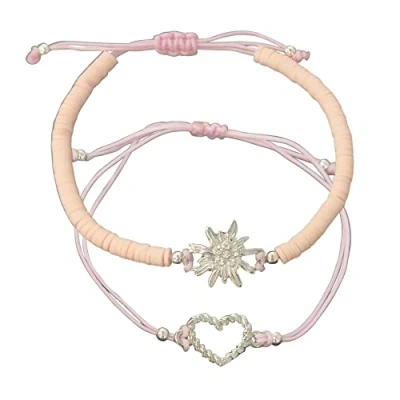 Abbildung von Alpenflüstern Heishi Perlen Trachten Armband Set Strass Edelweiss und Herz Damen Trachtenschmuck mit silber farben, verstellbare Armketten (rosa rosé) DAB079