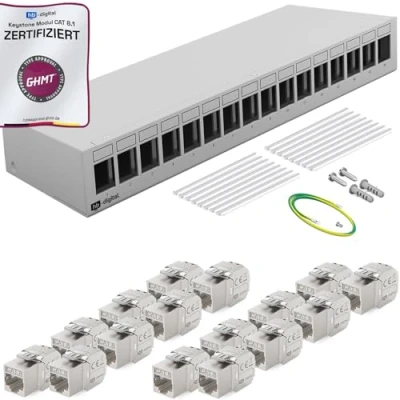 Abbildung von HB DIGITAL 16 Port Patchpanel Patchfeld Verteilerfeld 1 HE 16x CAT 8 RJ45 Keystone Jack Modul GHMT Zertifiziert vollgeschirmt STP 40 Gbps Kompatibel mit Verlegekabel Netzwerkkabel LAN Hellgrau