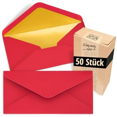Abbildung von Japun Briefumschläge (50 Stück), Kuvert, Umschlag ohne Fenster DIN lang 220 x 110 mm innen: Gold Papier Farbe: rot