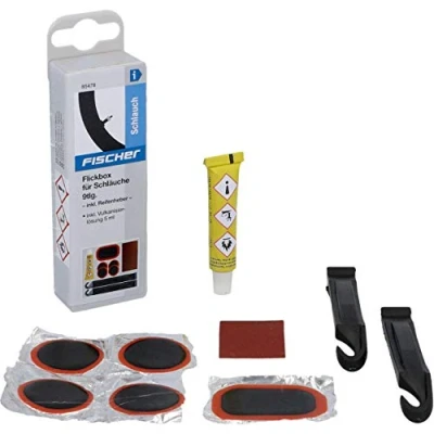 Abbildung von FISCHER Fahrrad Flickbox, Reparatur Set für Schläuche, Pannen Flickzeug Set, einfache Anwendung, ideal unterwegs, 9 teilig, Schwarz