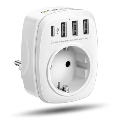 Abbildung von LENCENT USB Steckdose Mehrfachstecker EU Adapter 5 in 1 Steckdosenadapter mit 3 Ladegerät Anschlüße 2,4A, Typ C Port 3A, Wand Schuko 4000W Stromadapter Stecker Kindersicherung Weiß