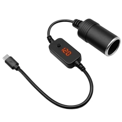 Abbildung von Hoembpn USB C Stecker auf 12V Auto Zigarettenanzünder Buchse Adapter Kabel Konverter mit Voltmeter Anzeige, Einstellbare Spannung 5V/9V/12V, Geeignet für Ladegerät, GPS, Dash Cam