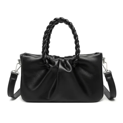Abbildung von Miss Lulu PU Leder Umhängetasche mit abnehmbarem, verstellbarem Schulterriemen Kleine Tasche geflochtenem Henkel (Schwarz)