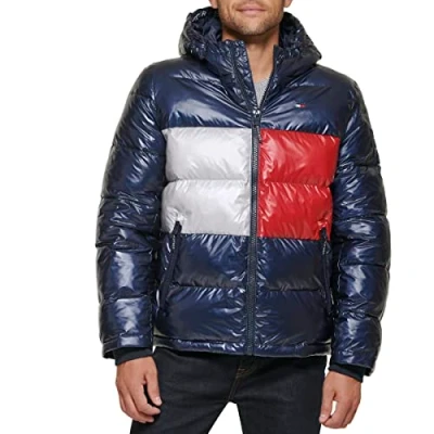 Abbildung von Tommy Hilfiger Herren Hooded Puffer Jacket Daunenalternativer Mantel, Flagge, Perlglanz, Marineblau, M