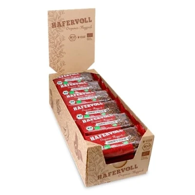 Abbildung von HAFERVOLL Organic Flapjack Cranberry &amp; Cacoa Nib, 18 x 60 g Müsliriegel Bio zertifiziert, Vegan, Mit Dattelsirup, ohne Zusatz von Zucker, Hafer, im Ofen gebacken