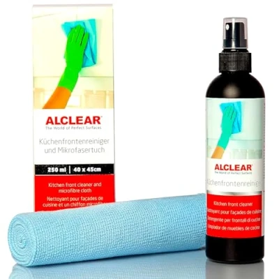 Abbildung von ALCLEAR 721KR Küchenfrontenreiniger 250ml mit Profi Mikrofasertuch, reinigt Hochglanz lackierte Küchen streifenfrei, gegen Schmutz, Fingerabdrücke &amp; Fett, Schwarz/Blau, 1 Stück (1er Pack)