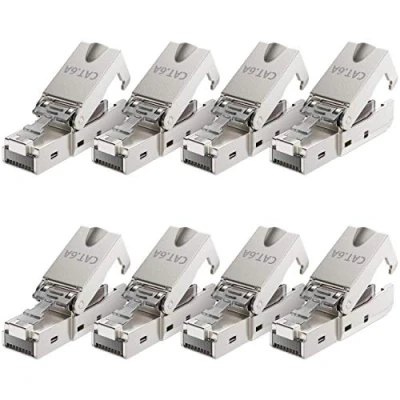 Abbildung von deleyCON 8x CAT 6a Werkzeugloser RJ45 Netzwerkstecker mit LSA Anschluss für Starre Verlegekabel Geschirmt 10 Gbit/s LAN Kabel Netzwerkkabel Stecker CAT6a Metallgehäuse