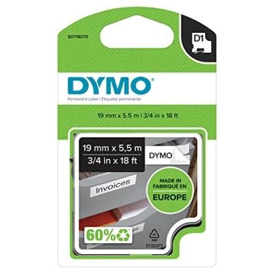 Abbildung von DYMO Original D1 Hochleistungs Etikettenband schwarz auf weiß 19 mm x 5,5 m permanent haftendes Polyester Schriftband für LabelManager Beschriftungsgerät
