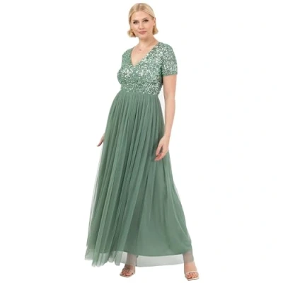 Abbildung von Maya Deluxe Damen Maxikleid mit V Ausschnitt, verziert, kurze Ärmel, Empire Taille, Abschlussball, Abschlussfeier, Brautjungfer, Hochzeitsgast, Tiefes Mint, Größe 24, Minzgrün, 50