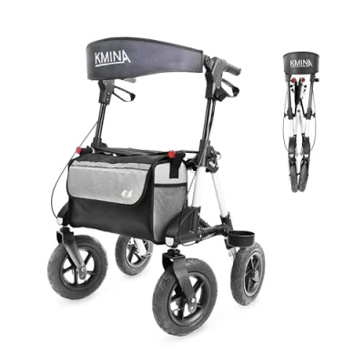 Abbildung von KMINA PRO Rollator mit Luftbereifung für Draußen, Faltbar und Leicht Sitz, Outdoor Sitz Großen Rädern, Rollatoren Senioren, Gehwagen Senioren