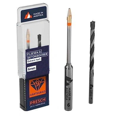 Abbildung von Presch Fliesenbohrer und Betonbohrer Set ⌀ 6mm Feinsteinzeug Bohrer für Keramik, harte Fliesen, Porzellan Glas Profi Porzellanbohrer, Keramikbohrer inkl. passendem Box