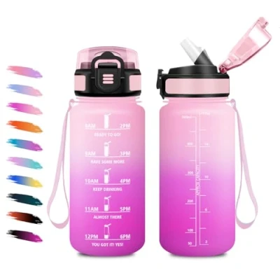 Abbildung von Trinkflasche 500ml, Auslaufsichere Wasserflasche mit Strohhalm, Kohlensäure Geeignet, Zeitmarkierungen, Motivierende für Picknick, Schule, Junge, Mädchen, Wandern