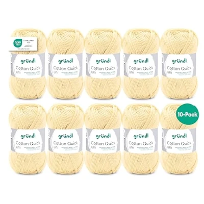 Abbildung von Gründl Wolle Cotton Quick uni dünne zum Häkeln Strickgarn Häkelgarn Glänzend und hautfreundlich 100% Baumwolle 10 Knäuel 50 g / 125 m Nadelstärke 3 4 pastellgelb